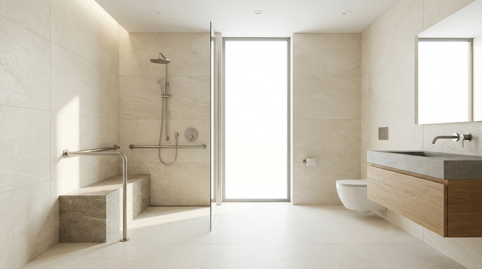 Ein modernes, sauberes Badezimmer mit einer bodengleichen, barrierefreien Dusche und eleganten, unauffälligen Haltegriffen. Helle Fliesen, aufgeräumtes Ambiente, viel Tageslicht, realistische Architekturfotografie ohne Text.