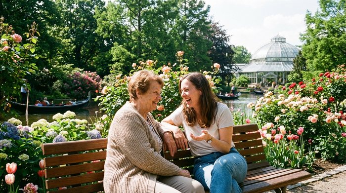 Eine ältere Dame sitzt entspannt auf einer Parkbank im Luisenpark Mannheim, umgeben von grünen Bäumen und bunten Blumen, während sie sich angeregt mit ihrer Tochter unterhält. Sonniges, helles Wetter, realistische Fotografie.