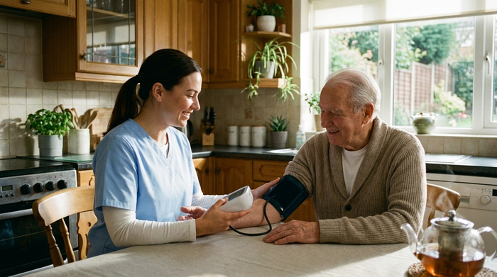 Eine professionelle Pflegekraft in sauberer, hellblauer Dienstkleidung misst den Blutdruck eines älteren Herrn am Küchentisch. Eine ruhige, vertrauensvolle Situation in einer aufgeräumten, gemütlichen Küche.