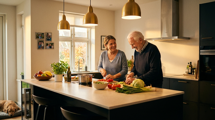 Eine herzliche Betreuungskraft und ein Senior kochen gemeinsam in einer modernen Küche. Sie schneiden frisches Gemüse und lachen zusammen. Warme Beleuchtung, familiäre und harmonische Stimmung.
