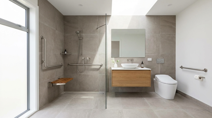 Ein modernes, helles, barrierefreies Badezimmer mit einer bodengleichen Dusche, eleganten Haltegriffen und rutschfesten Fliesen. Sauber, sicher und stilvoll eingerichtet, ohne Menschen im Bild.