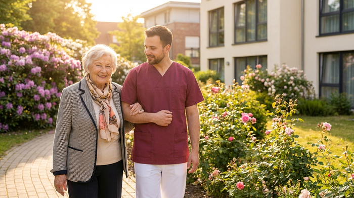 Eine gepflegte, lächelnde Seniorin spaziert am Arm eines fürsorglichen Pflegers durch den sonnigen Garten einer modernen Pflegeeinrichtung. Im Hintergrund sieht man blühende Sträucher und einen gepflasterten Weg.