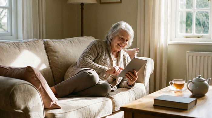 Eine ältere Dame mit grauen Haaren schaut erleichtert und lächelnd auf ein Tablet in ihren Händen, während sie auf einem bequemen Sofa sitzt. Eine Tasse Tee steht neben ihr auf dem Tisch.