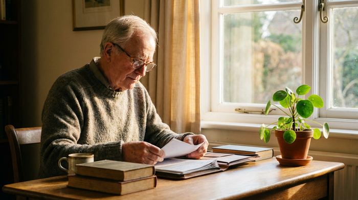Ein nachdenklicher, aber ruhiger Senior sitzt an einem aufgeräumten Schreibtisch und ordnet Papiere in eine Mappe ein. Neben ihm steht eine kleine, dekorative Topfpflanze im sanften Nachmittagslicht.