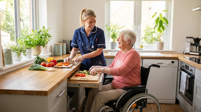 Eine freundliche Betreuungskraft kocht gemeinsam mit einem fröhlichen Senior in einer hellen, barrierefreien Küche. Beide lachen entspannt und schneiden frisches Gemüse auf einer Holzarbeitsplatte.