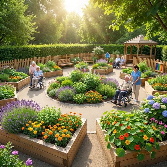 Ein geschützter, blühender Demenzgarten mit rollstuhlgerechten Hochbeeten aus Holz. Verschiedene ungiftige, farbenfrohe Pflanzen wachsen üppig. Ein sicherer, gepflasterter Rundweg führt durch das Grün. Sonniges Wetter, friedliche Stimmung.