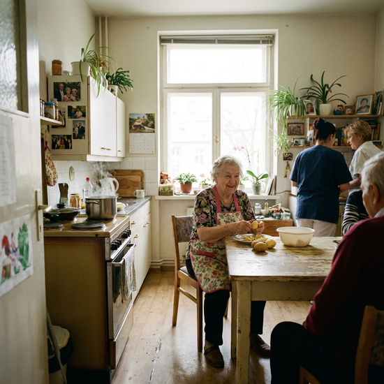 Eine kleine, gemütliche Wohnküche in einem Pflegeheim. Auf dem Herd steht ein dampfender Topf. Eine ältere Dame mit Schürze schält konzentriert Kartoffeln am Holztisch. Warme, familiäre Atmosphäre, viel Tageslicht.