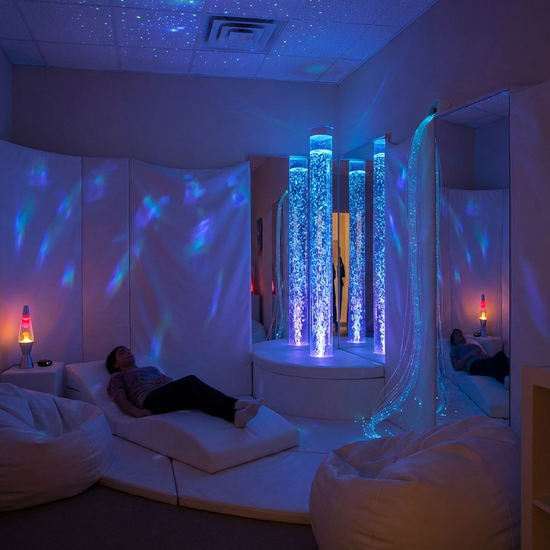 Ein entspannender Snoezelen-Raum mit gedimmtem Licht. Eine leuchtende, blubbernde Wassersäule steht im Fokus. Bequeme weiße Liegelandschaften laden zum Ausruhen ein. Sanfte blaue und violette Lichtreflexe an den Wänden.