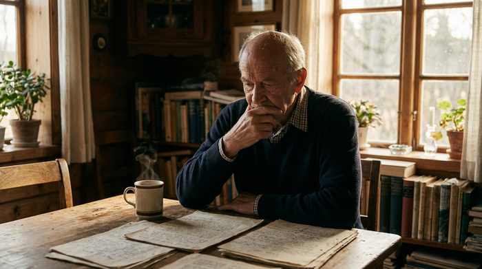 Eine nachdenkliche ältere Person sitzt an einem Holztisch und betrachtet Dokumente. Eine Tasse Kaffee steht daneben. Das Licht fällt sanft durch ein Fenster. Ruhige und fokussierte Stimmung, keine lesbaren Texte auf den Papieren.