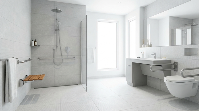 Ein modern umgebautes, barrierefreies Badezimmer. Eine geräumige, bodengleiche Dusche mit Haltegriffen an den Wänden und einem klappbaren Duschsitz. Helle, rutschfeste Fliesen, sauberes und sicheres Ambiente.