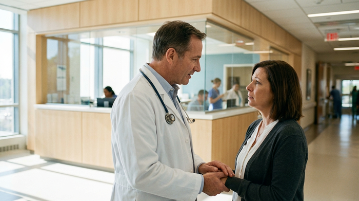 Ein freundlicher Arzt in weißem Kittel spricht auf dem Flur eines modernen Krankenhauses einfühlsam mit einer besorgten Angehörigen. Im Hintergrund ist leicht verschwommen eine helle Pflegestation zu erkennen. Professionelle und vertrauensvolle Umgebung.