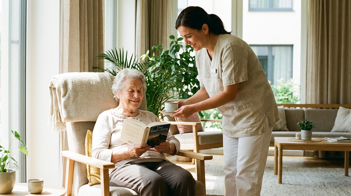 Eine ältere Dame sitzt entspannt in einem gemütlichen, lichtdurchfluteten Sessel in einer modernen Pflegeeinrichtung und liest ein Buch. Eine freundliche Pflegekraft reicht ihr lächelnd eine Tasse Tee. Harmonische, ruhige Atmosphäre ohne Hektik.