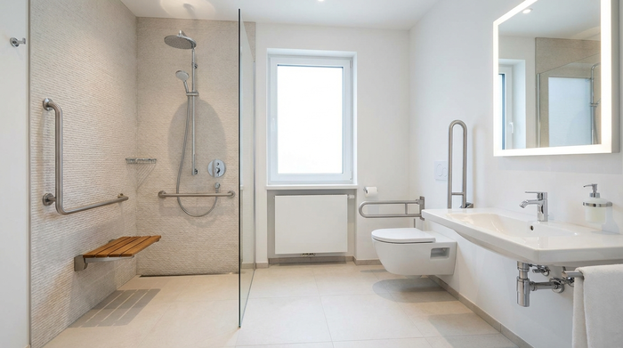 Ein modernes, barrierefreies Badezimmer mit einer bodengleichen Dusche, stabilen Haltegriffen und rutschfesten, hellen Fliesen. Die Ausstattung ist hochwertig, sicher und stilvoll gestaltet. Klare, aufgeräumte und realistische Wohnumgebung.