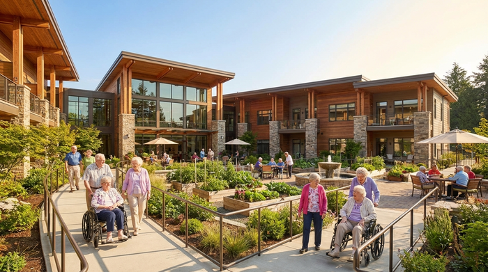 Eine moderne, einladende Außenansicht einer Seniorenresidenz mit einem gepflegten grünen Garten. Ältere Menschen spazieren an einem sonnigen Tag gemütlich über die breiten, rollstuhlgerechten Wege. Freundliche und lebensbejahende Stimmung.