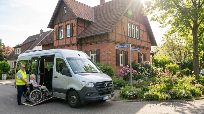 Ein rollstuhlgerechter Kleinbus hält vor einem gepflegten Einfamilienhaus in Mannheim, ein freundlicher Fahrer hilft einer lächelnden älteren Dame beim Einsteigen an einem sonnigen Morgen.
