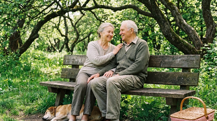 Ein älteres Ehepaar sitzt entspannt auf einer Parkbank im Grünen, die Frau legt beruhigend ihre Hand auf den Arm ihres Mannes. Beide wirken glücklich und sorgenfrei.