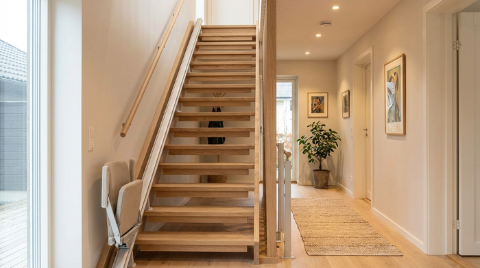 Eine moderne, helle Holztreppe in einem Wohnhaus, ausgestattet mit einem eleganten, unauffälligen Treppenlift. Ein gepflegter Flur mit warmem Licht.
