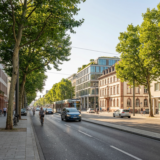 Eine moderne, helle Ansicht einer städtischen Straße in Mannheim mit fließendem Verkehr und grünen Bäumen an der Seite. Schönes Tageslicht, keine lesbaren Schilder.