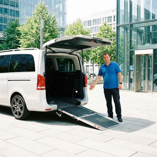 Ein moderner Kleinbus mit ausgefahrener Rampe am Heck. Ein Fahrer steht hilfsbereit daneben. Helle, saubere Umgebung, realistisch, keine Texte.