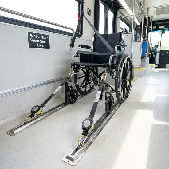 Ein sicheres Befestigungssystem für einen Rollstuhl im Inneren eines Busses, bestehend aus stabilen Gurten und Schienen auf einem sauberen Boden.