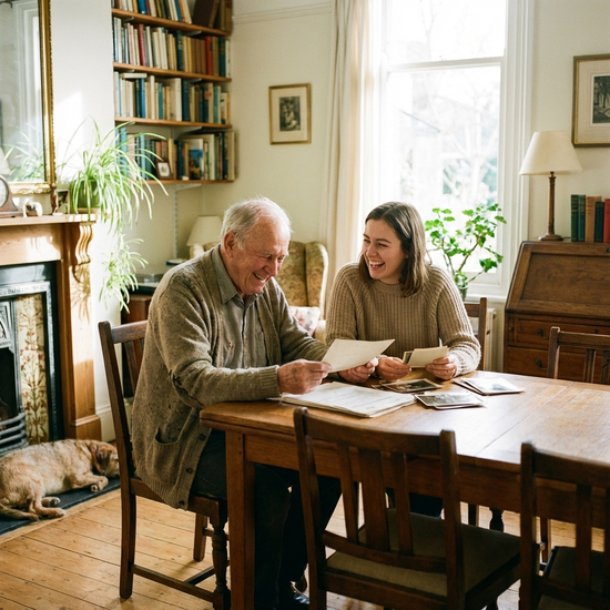 Ein älterer Herr und eine jüngere Frau sitzen entspannt am Esstisch und schauen sich gemeinsam lächelnd Dokumente an. Gemütliche Wohnatmosphäre, helles Tageslicht.