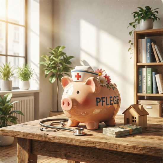 Ein stilisiertes Sparschwein auf einem Holztisch, daneben ein Stethoskop in einem hellen, freundlichen Raum, symbolisch für Pflegefinanzen.