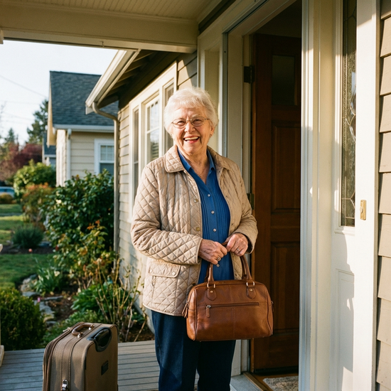 Eine rüstige Seniorin steht mit einer gepackten Handtasche und einer leichten Jacke lächelnd an ihrer geöffneten Haustür, bereit zur Abholung. Warmes Morgenlicht.