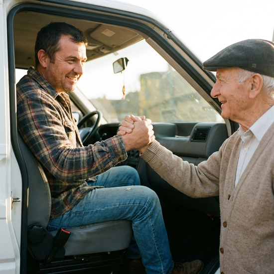 Ein freundlicher Fahrer in Freizeitkleidung reicht einem älteren Mann am Beifahrersitz eines Kleinbusses die Hand zur Unterstützung. Fokus auf die helfende Geste.