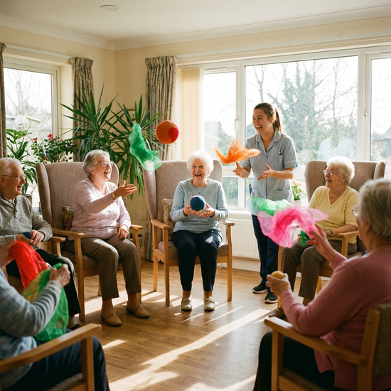 Mehrere Senioren sitzen fröhlich in einem Stuhlkreis in einem lichtdurchfluteten Raum. Sie werfen sich bunte Tücher und weiche Bälle zu. Eine Pflegekraft leitet die Gruppe an. Fokus auf Bewegung und Freude, fotorealistisch.