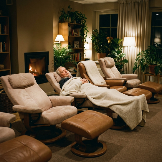 Ein gemütlicher Ruheraum mit gedimmtem Licht. Bequeme, verstellbare Ruhesessel stehen bereit. Ein Senior schläft entspannt, zugedeckt mit einer leichten Decke. Friedliche und ruhige Stimmung, ohne Text.