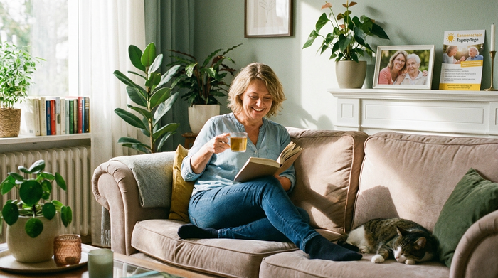Eine entspannte Frau mittleren Alters sitzt zu Hause auf dem Sofa und liest in Ruhe ein Buch, während sie eine Tasse Tee trinkt. Helles Wohnzimmer, friedliche Atmosphäre, die Entlastung durch die Tagespflege symbolisiert.