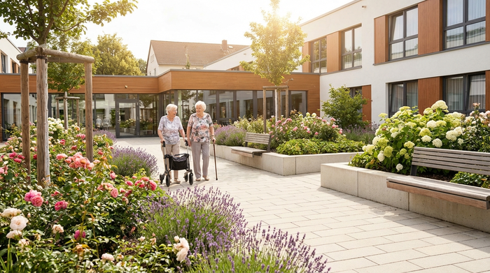 Ein gepflegter, barrierefreier Garten einer Pflegeeinrichtung an einem sonnigen Nachmittag. Zwei Seniorinnen spazieren langsam auf einem gepflasterten Weg, umgeben von blühenden Blumenbeeten. Realistisch, hell und freundlich.