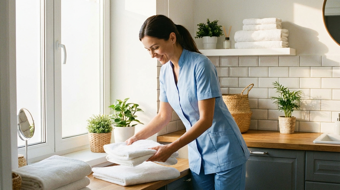 Eine professionelle, freundliche Haushaltshilfe in sauberer Arbeitskleidung faltet frische, weiße Handtücher in einem aufgeräumten, lichtdurchfluteten Badezimmer.