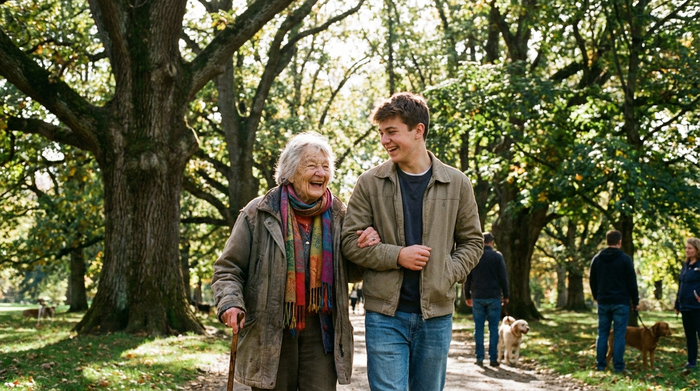 Eine ältere Dame und ein freundlicher Alltagsbegleiter spazieren gemeinsam lachend durch einen sonnigen, grünen Park mit großen Bäumen.
