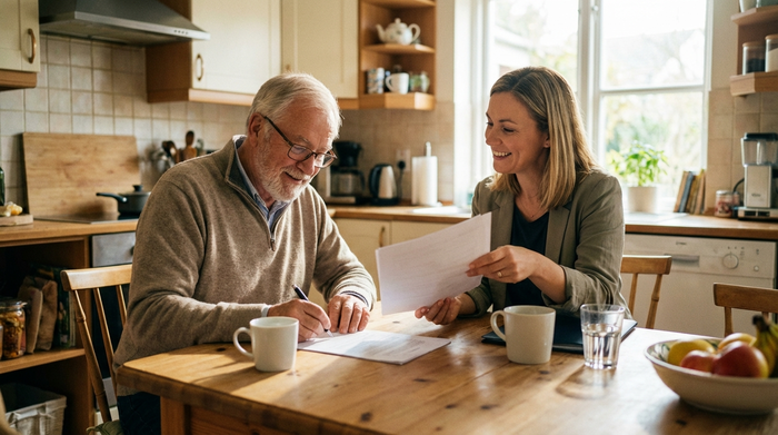 Ein sympathischer Senior sitzt entspannt am Küchentisch und unterschreibt ein Dokument, während eine lächelnde Beraterin ihm hilfsbereit die Papiere reicht.