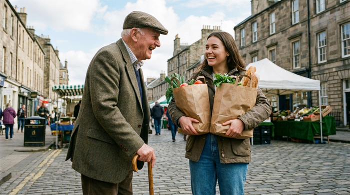 Ein älterer Herr stützt sich auf einen Gehstock und unterhält sich fröhlich mit einer jungen Alltagsbegleiterin, die zwei Papiertüten mit frischen Lebensmitteln trägt.