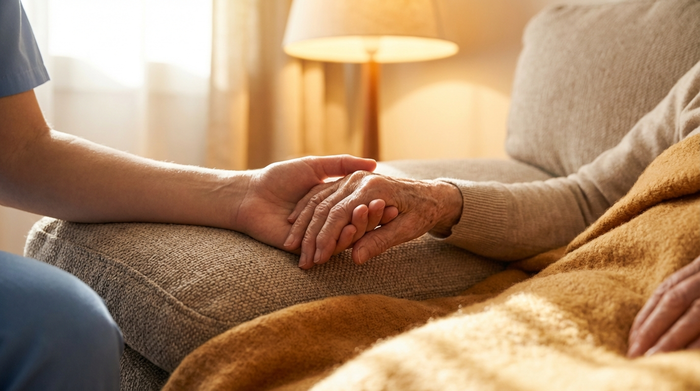 Zwei Hände halten sich vertrauensvoll. Eine jüngere, fürsorgliche Hand stützt die Hand einer älteren Person auf einem weichen Sofa. Fokus auf Empathie und Sicherheit, warme Beleuchtung.