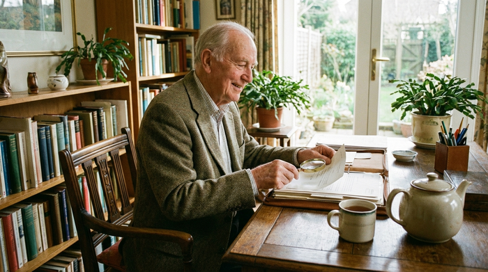 Ein älterer Herr sitzt entspannt am Schreibtisch und sortiert übersichtliche Dokumente in einem Hefter. Eine Tasse Tee steht daneben. Friedliche Stimmung, aufgeräumtes Zimmer, keine lesbaren Texte.