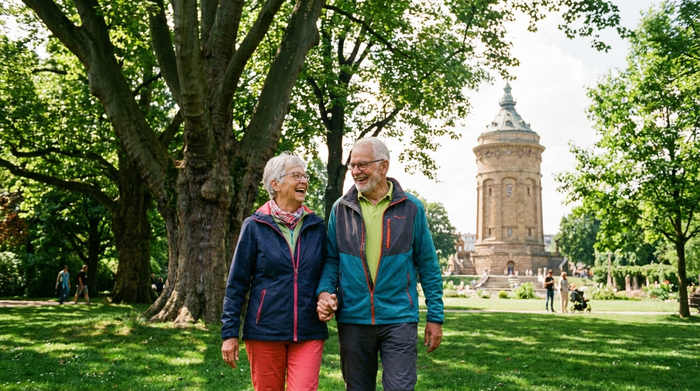 Ein rüstiges Seniorenpaar spaziert fröhlich an einem sonnigen Tag durch einen grünen Park in Mannheim, im Hintergrund große Bäume. Realistische, lebensfrohe Szene.