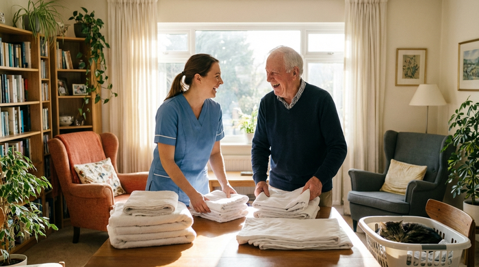 Eine Betreuerin und ein Senior lachen gemeinsam beim Zusammenlegen von frischer, weißer Wäsche im hellen Wohnzimmer. Positive, soziale Interaktion, gemütliches Ambiente.
