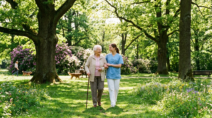 Eine fürsorgliche Pflegerin und eine ältere Dame spazieren gemeinsam an einem sonnigen Tag durch einen grünen Park, umgeben von großen Bäumen und bunten Blumen.