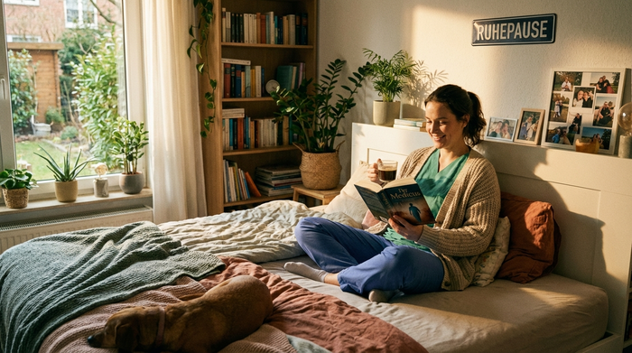 Eine entspannte Pflegekraft sitzt in einem gemütlich eingerichteten Zimmer auf dem Bett, liest ein Buch und genießt ihre wohlverdiente Ruhepause bei einer Tasse Kaffee.