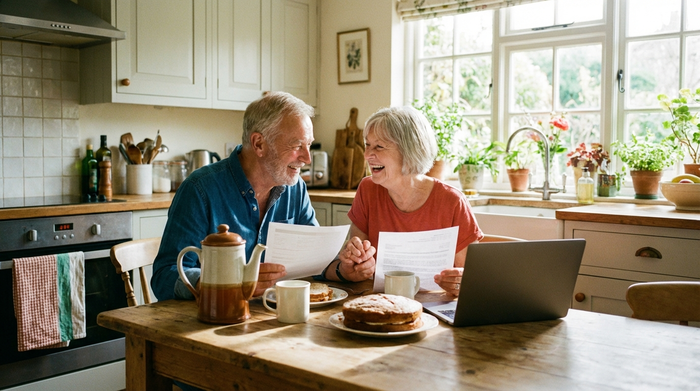 Ein älteres Ehepaar sitzt gemeinsam am Küchentisch und bespricht entspannt Dokumente, eine Kaffeekanne und Tassen stehen auf dem Tisch in einer hellen, freundlichen Umgebung.