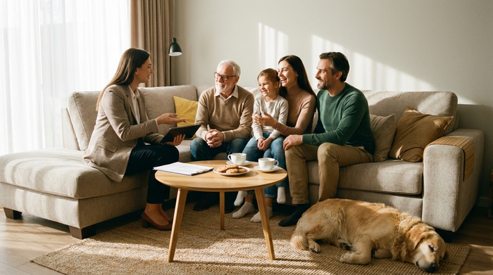 Eine freundliche Beraterin sitzt mit einer Familie im Wohnzimmer auf dem Sofa, alle lächeln und führen ein harmonisches Gespräch über die Pflegeplanung.