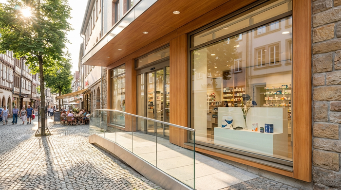 Außenansicht eines modernen, einladenden Sanitätshauses in einer sonnigen deutschen Stadt. Große, saubere Schaufenster, barrierefreier Eingang, gepflegte Umgebung, keine lesbaren Schilder.
