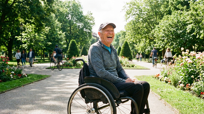 Ein rüstiger Senior im Park, der fröhlich in einem modernen Leichtgewichtrollstuhl sitzt, umgeben von grünen Bäumen und gepflegten Wegen an einem sonnigen Tag.