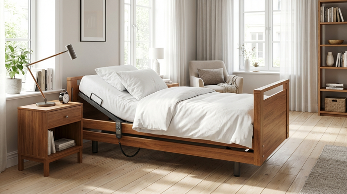 Ein sauberes, helles Schlafzimmer mit einem modernen, elektrisch verstellbaren Pflegebett. Frische weiße Bettwäsche, ein Nachttisch mit einer Leselampe, warme Holztöne, wohnliche Atmosphäre.