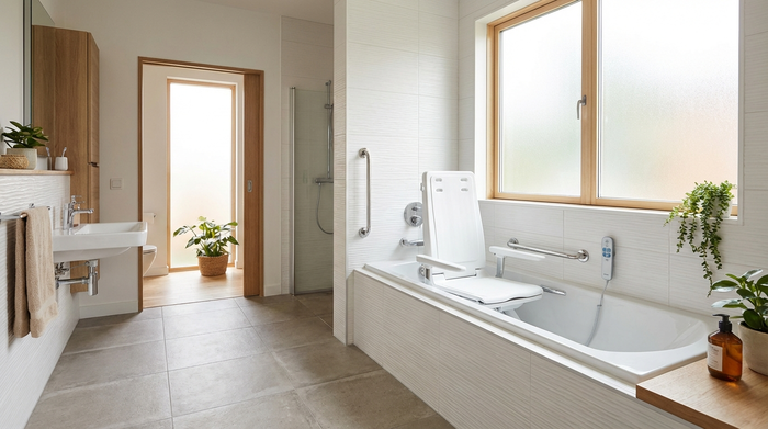 Ein helles, barrierefreies und modernes Badezimmer mit rutschfesten Fliesen. Ein sauberer, weißer Badewannenlift ist sicher in der Badewanne installiert. Tageslicht fällt durch ein Fenster.
