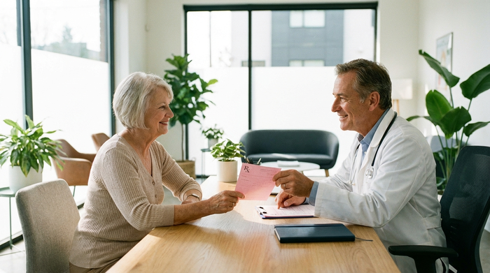 Eine ältere Dame und ein freundlicher Arzt sitzen an einem hellen Schreibtisch. Der Arzt überreicht ein rosafarbenes Rezept. Professionelle, vertrauensvolle Atmosphäre in einer modernen Praxis.