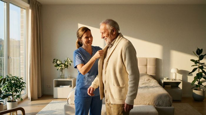 Eine engagierte Pflegekraft hilft einem älteren Herrn behutsam beim Anziehen einer hellen Strickjacke in einem sauberen, modern eingerichteten Schlafzimmer. Warme Morgensonne fällt durch das große Fenster.